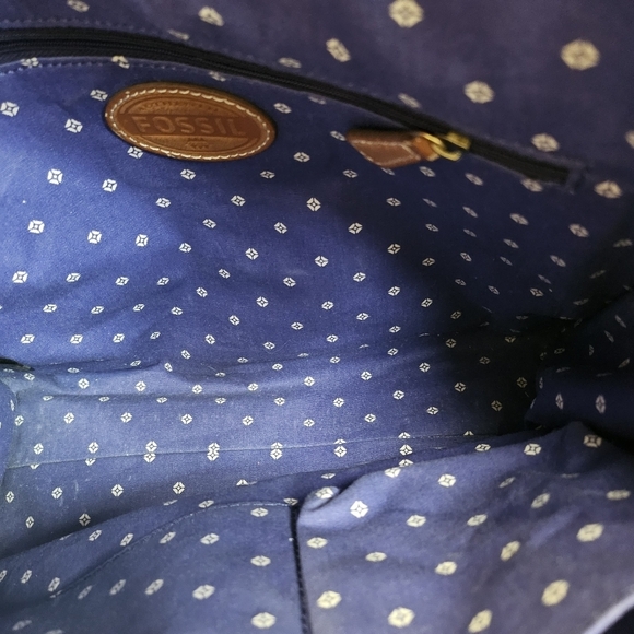 VGUC Fossil Crossbody Messenger Teacher Bag Pencil Shaving One size Navy Tan - Picture 6 of 10